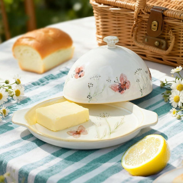 Ceramic Butter Dish with Lid Farmhouse Butterfly Design Vintage Butter Keeper Oval Butter Container Elegant Design Butter holder for Countertop Kitchen Decor - Glaze Finish (White)