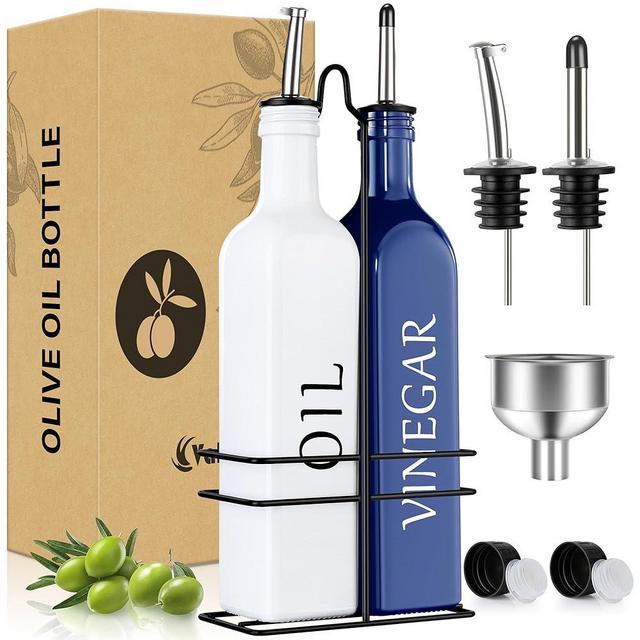 Vakoo Oil and Vinegar Dispenser Set - 17oz/500ml, Extra Thick Glass, Leak-Proof, Olive Oil Dispenser Bottle for Kitchen (White Blue)