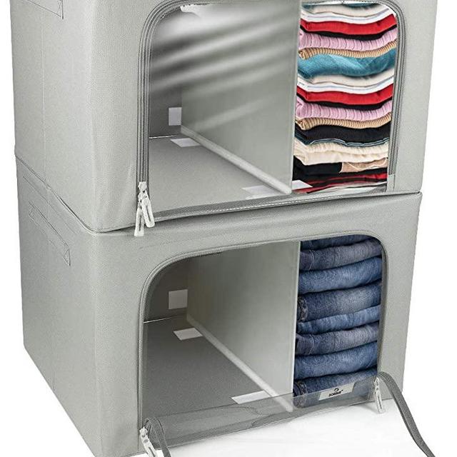 Sorbus Storage Bins with Divided Interior, Foldable Stackable Container Organizer Set with Large Window & Carry Handles, Bedroom Closet Organization for Bedding, Linen, Clothes (Two Section - Gray)
