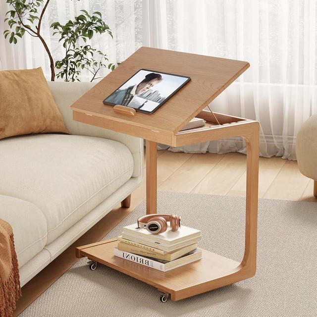 AQIMUELE Wooden C-Shaped End Table,Couch Table with Adjustable Desktop,Small Rolling Side Table with 2 Lockable Wheels 23.36" Width,Small End Table for Couch, Living Room,Bedroom (Natural)