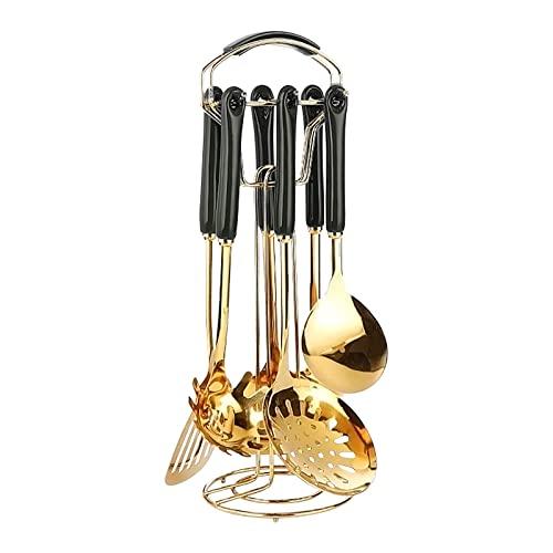 ANMAIKER 7 PCS Spatula Set Stainless Steel, Cookware Kitchenware Set with Storage Stand, Ceramic Handle Cooking Utensils (Black + Gold)