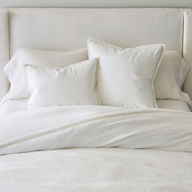 White/Flax Border Belgian Linen Fringed Border Stitch Duvet Cover, King/Cal. King
