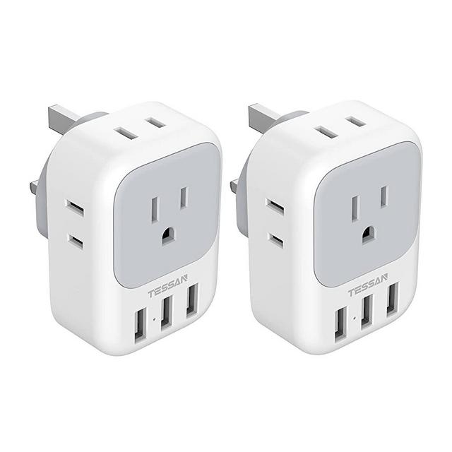 US to UK Plug Adapter, TESSAN Type G Plug Converter with 4 Electrical Outlet 3 USB, Travel Power Adaptor for USA to Ireland Dubai Kenya Scotland England British London Irish, 2-Pack