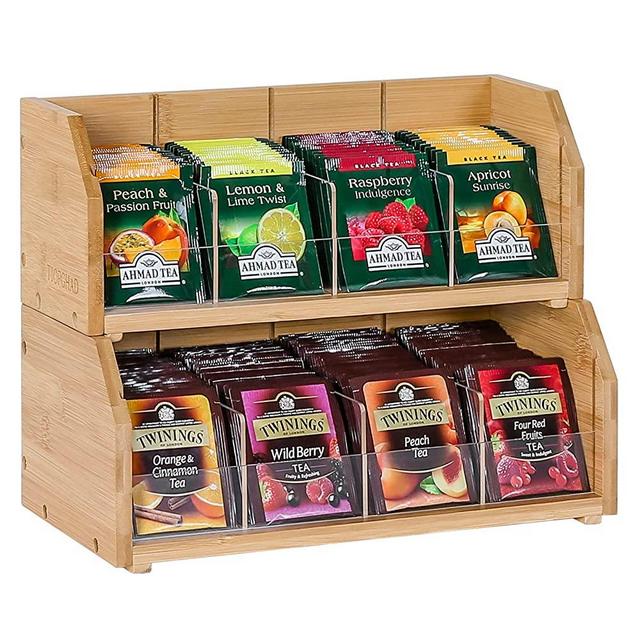 2 Tier Bamboo Tea Bag Organizer, Tea Holder for Tea Bags Organizer Wood Tea Bags Storage Box with Divider Stackable Vertical Teabag Caddy Rack Case Containers for Kitchen Cabinet Countertop Office