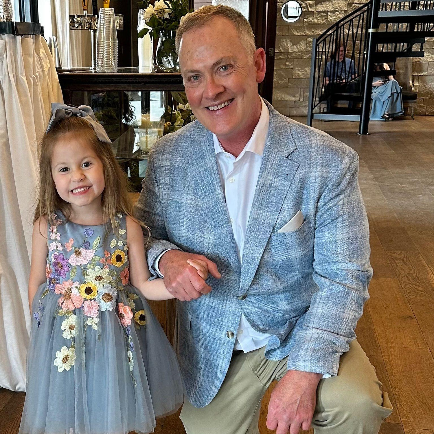 Father of the Bride with and flower girl, AKA the bride's niece & mini me