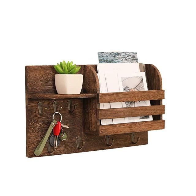 YCOCO Wall Mail Organizer Key Holder for Wall with 7 Key Hooks, Wall Mounted Mail Sorter Organizer,Coat Rack,Entryway Organizer,Home Decorative Floating Shelf,Brown
