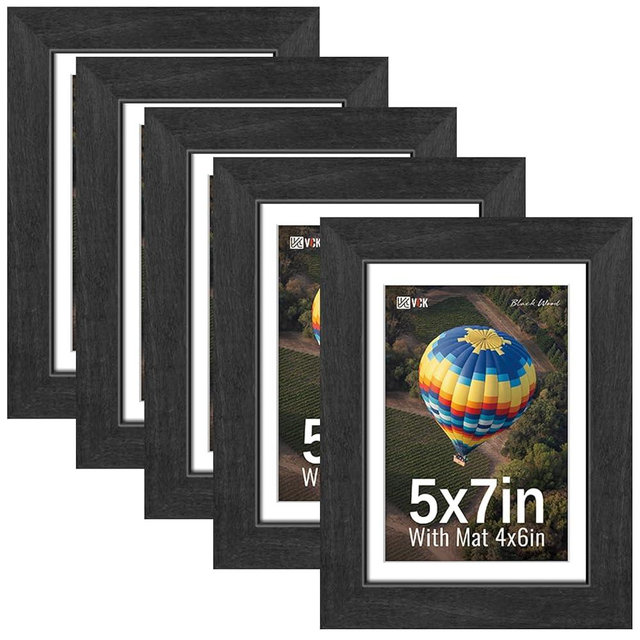 VCK 5x7 Picture Frames Black Set of 5, Wide Border Wood, Tempered Glass, Display 4x6 Photo with Mat or 5 x 7 without, for Home, Office, Gallery, Woodgrain Series, Tabletop & Wall Hanging