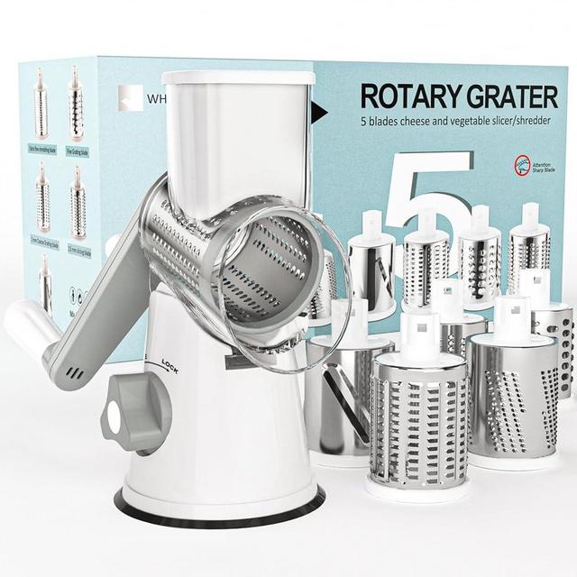 Cambom Cheese Grater Rotary Cheese Grater with 5 Multi Blade, Cheese Shredder Manual Mandoline Vegetable Slicer with Non-slip Suction Base Nuts Grinder Vegatable Shredder White