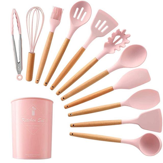 MYWAYCOOK Silicone Cooking Utensil Set, 12 Pcs Non-stick Silicone Cooking Kitchen Utensils Spatula Set with Holder Wooden Handles Tongs Spoon Kitchen Gadgets Tools for Nonstick Cookware (Pink)