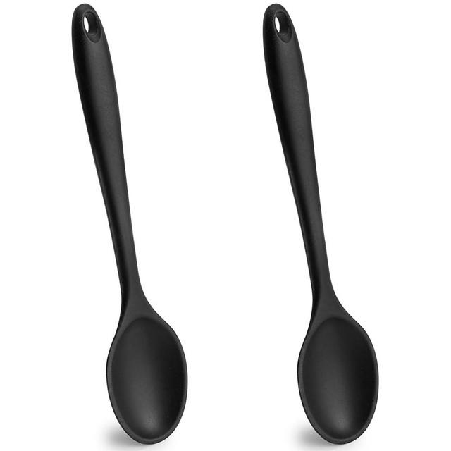 HANSGO 2PCS Silicone Spoons for Cooking, Heat Resistant Spoons Black Mixing Spoons Nonstick Kitchen Spoon Serving Spoon for Cooking Baking Stirring