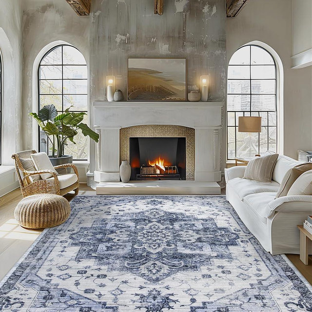 Washable Rug Living Room Rugs: 10x14 Area Rug Large Soft Vintage Medallion Carpets Indoor Floor Anti Slip Non-Shedding Thin Carpet for Bedroom Dining Room Farmhouse Nursery Home Office-Blue/White