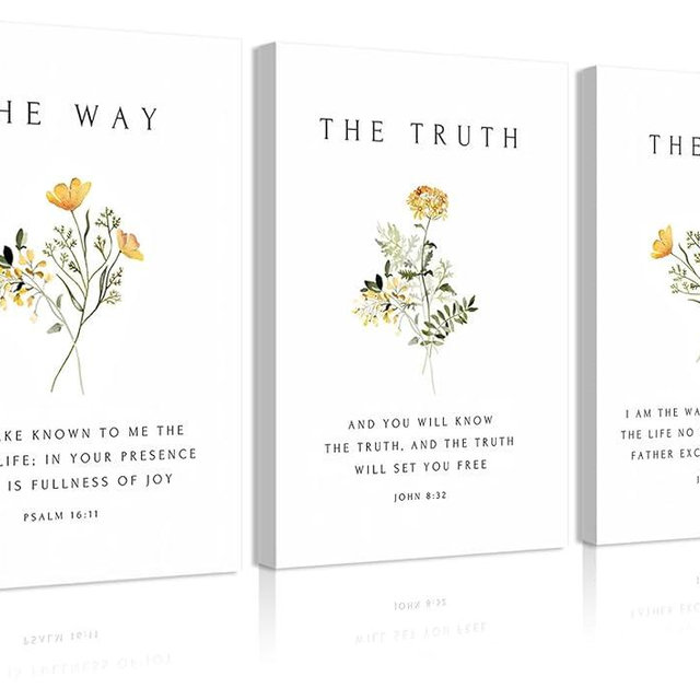 3Pcs Christian Bible Verse Floral Canvas Framed Wall Art PicturesThe Way,The Truth,The Life Posters Prints Minimalist Botanical Painting Scripture Wall Decor for Living Room Bedroom 12x16in