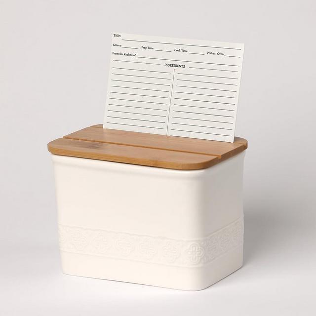 Elevate Supply Ceramic Recipe Box with Dividers & Cards - Stylish Kitchen Organizer Set - Clean Modern Look - Ceramic Card Box with Bamboo Lid - Holds Phone & Recipe Cards - Size 4.75"H x 3.5"W x 6"L