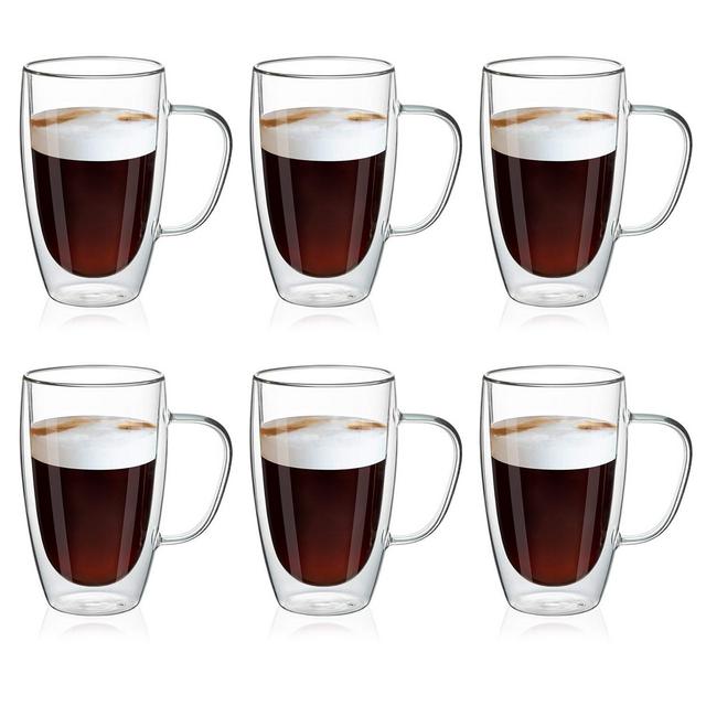 MEWAY 16oz/6 pack Coffee Mugs, Clear Glass Double Wall Cup with handle for Coffee, Tea, Latte, Cappuccino (16 oz，6)