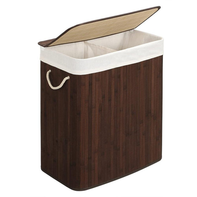 SONGMICS Laundry Hamper, 21.99 Gallons (100L), 2-Section Laundry Basket, Laundry Hamper with Lid, Bamboo, Foldable, Removable and Machine Washable Liner, for Laundry Room, Bedroom, Brown ULCB72Z