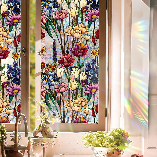 Aomkmi Stained Glass Window Film UV Resistant Window Privacy Film Colorful Flowers Privacy Rainbow Decals Living Room Bedroom Sun Blocking Decor Removable Static Cling Stickers 17 x 78.74 Inch