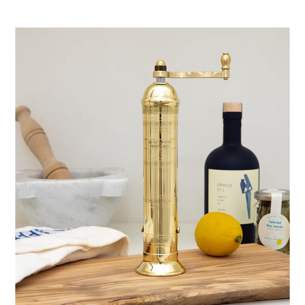 Original Greek Pepper Mill, 9-Inch Brass – European Manual Pepper Grinder, Refillable, with Polishing Cloth