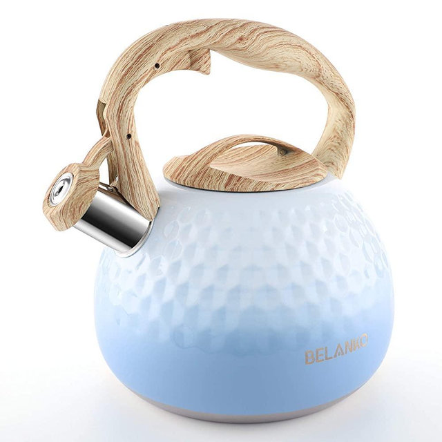 Tea Kettle, 2.7 Quart / 3 Liter BELANKO Stainless Steel Tea Kettles for Stove Top, Food Grade Teapot with Wood Pattern Handle Loud Whistling for Coffee, Milk, Gas Electric Applicable - Gradient Blue