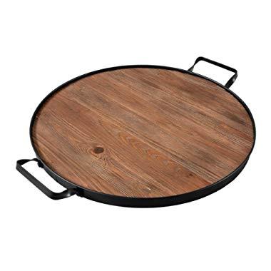 Thirteen Chefs Farmhouse Wine Barrel Top Serving Tray, Round Wood Platter with Iron Handles