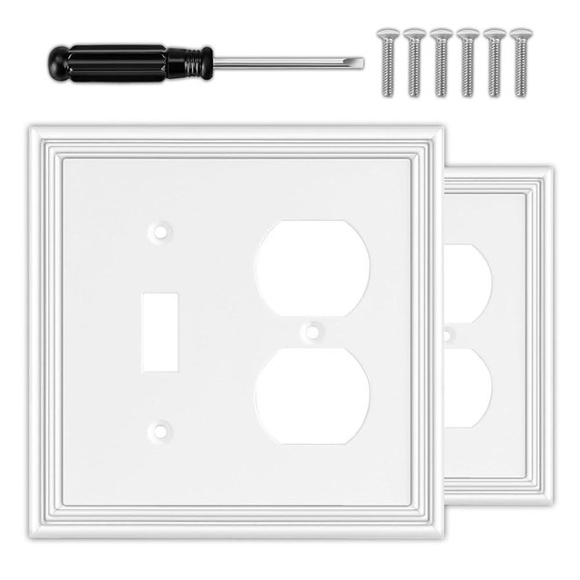 White Decorative Combination Light Switch Covers Wall Plate, Natural Material Switch Plate Outlet Covers - Modern Style (2 Gang Toggle/Duplex 2 Pack)