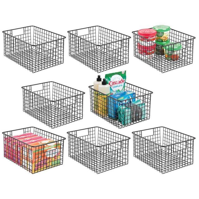 mDesign Farmhouse Decor Metal Wire Food Storage Organizer Bin Basket with Handles - for Kitchen Cabinets, Pantry, Bathroom, Laundry Room, Closets, Garage, 12" x 9" x 6" - 8 Pack - Black