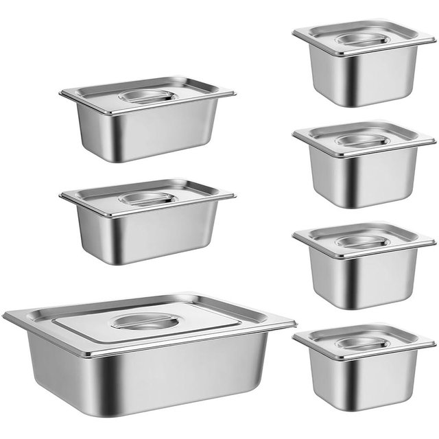 Maxdot 7 Set Stainless Steel Hotel Pan 1/2 1/4 1/6 Size 4 Inch Deep with Lids, Stainless Steel Steam Table Pan Commercial Food Pans for Restaurant Catering Salad Bar Party Supplies Metal Steam Tray
