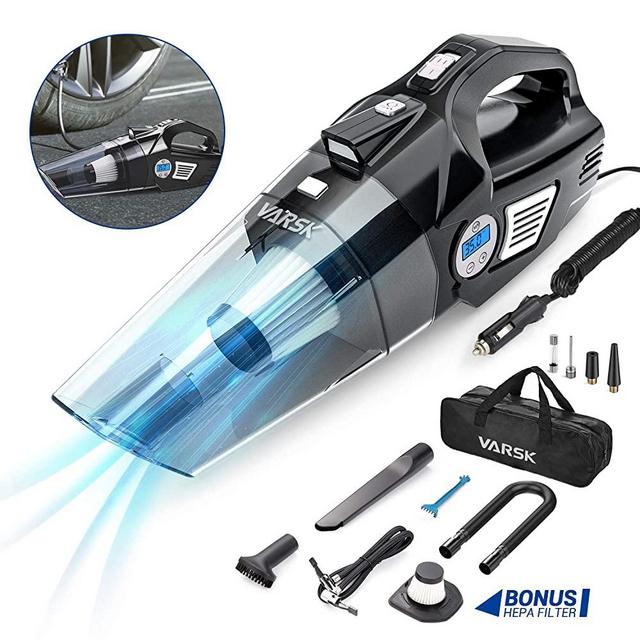 VARSK 4-in-1 Car Vacuum Cleaner, Tire Inflator Portable Air Compressor with Digital Tire Pressure Gauge LCD Display and LED Light, 12V DC Air Compressor Pump, 15FT Cord, Bonus HEPA Filter and Nozzles