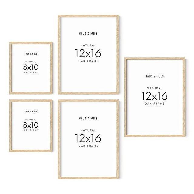Haus and Hues Collage Frames For Wall - Set of 5 Photo Gallery Frames, Picture Frames Collage Wall Decor, Assorted Photo Frame Set, Stair Picture Frame Set Wood, (Two 8x10, Three 12x16 Beige)