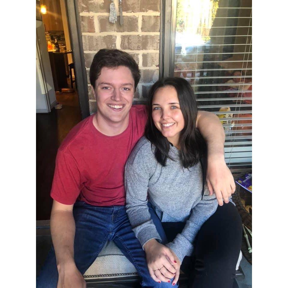 Our first photo together, hanging out with Morgan's college roommates (2019)