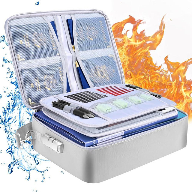 BALEINE Fireproof Document Bag with Lock, Portable Waterproof Fire Proof File Organizer Box, File Storage Bag Safe Box for Important Paperwork (Silver)