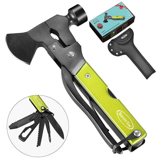 RoverTac Multitool Camping Tool Survival Gear Handy Gifts for Dad Men UPGRADED 14 in 1 Stainless Steel Multi tool with Hammer Axe Knife Plier Screwdrivers Saw Bottle Opener Durable Sheath