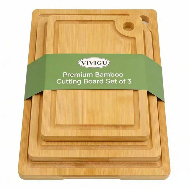 VIVIGU 3-Piece Set Bamboo Cutting Board for Kitchen - Wood Chopping Boards with Juice Grooves, Heavy Duty & Eco-Friendly, Perfect for Meat, Vegetables, Fruits