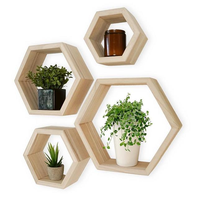 Hexagon Shelves Natural Premium Wood Floating Shelves Set of 4 Wall Shelf for Bedroom, Office, Living Room & Bathroom – Farmhouse Wall Décor - Decorative Wooden Honeycomb Shelves with Alignment Tool