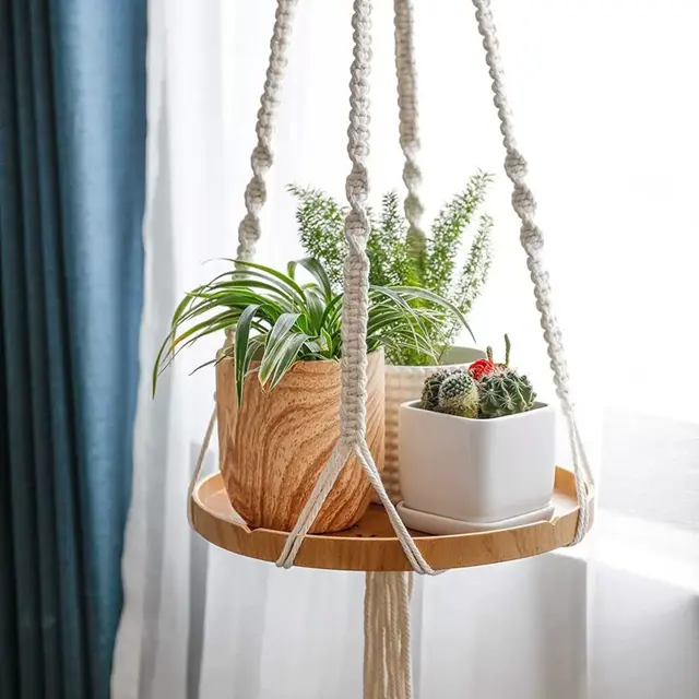 Macramé Plant Shelf Hangers With Wood Shelf - Hanging Planter Shelf Indoor - Plant Hanger Shelf with 2 Hooks for Boho Home Decor