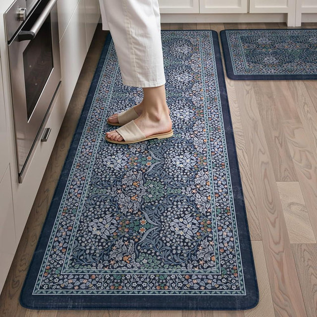 Collive Kitchen Mats for Floor 2PCS, Cushioned Anti Fatigue Rugs Non Slip Waterproof Kitchen Sink Mat, Dark Blue Floral Standing Mat for Bar, Office, Desk, Home Decor, 20" x 47" + 20" x 32"