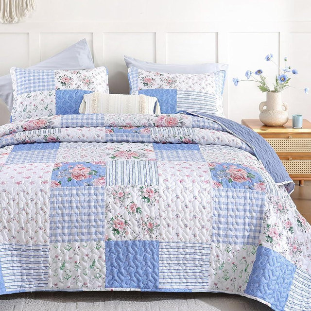 YIKUSH Quilt Sets Queen Size Floral Quilt Set 3 Pieces Bedding Set Bedspreads Blue Comforter Blanket with 2 Pillow Cases- Ultra Soft Floral Coverlet with Printed Pattern 90in.x 90in