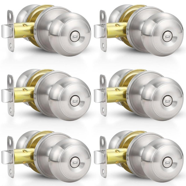 Estmoon 6 Pack Brushed Nickel Door Knobs, Privacy Door Lock Silver Keyless Door Handle with Lock for Bathroom Bedroom, Keyless Door Hardware