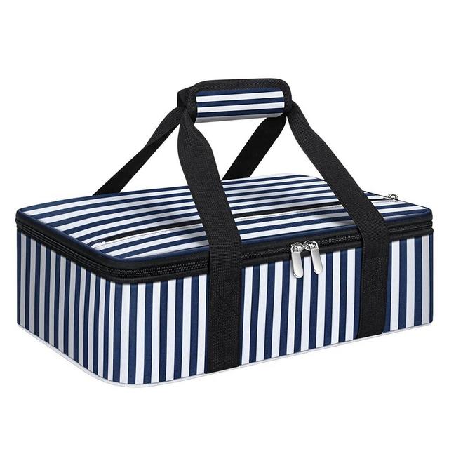 MIAOJIE Insulated Casserole Carrier, Portable Casserole Carrier for Hot or Cold Food Lunch Tote Warmer or Cooler Bag, Lasagna Lunch Bag for Potluck Parties- Fits 9" x 13" Baking Dish-Blue Stripes
