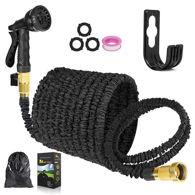 Expandable Garden Hose, Kink Free Garden Hose 100 ft,Latex Core Flexible Anti-Leakage Water Hose with 8 Function Nozzle 、Brass Connector、Pocket, Easy Storage for Outdoor Lawn Car Watering (Black, 100)
