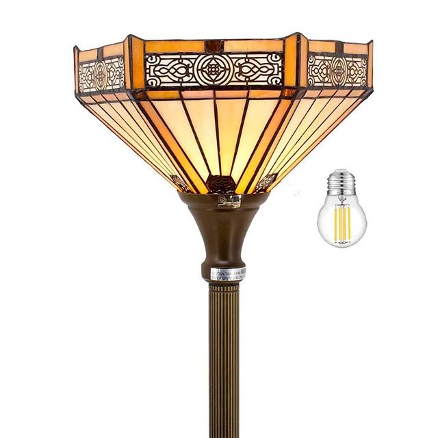 Torchiere Lamp Tiffany Floor LED Uplight 66" Tall Industrial Bronze Pole Vintage Boho Stained Glass Mission Hexagon Retro Standing Corner Bright Light Living Room Kids Bedroom Farmhouse WERFACTORY