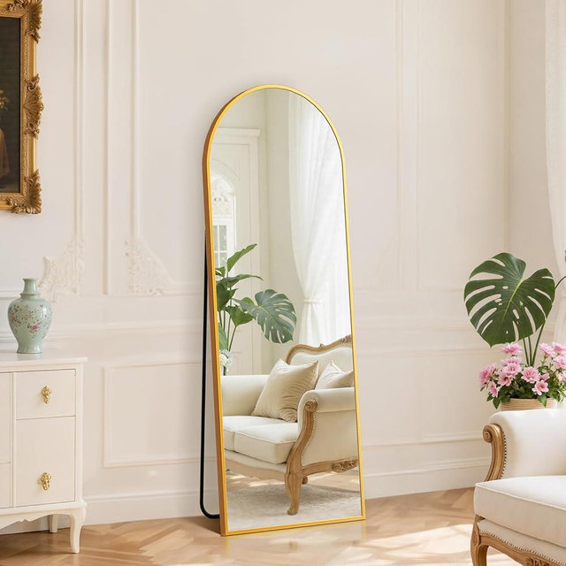 DUMOS 59"x16" Arched Full Length Mirror with Stand, Floor Standing Aluminum Frame, Shatter-Proof Nano Glass for Bedroom, Living Room, Cloakroom – Modern Simple Home DecorHanging or Leaning,Gold