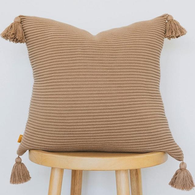 Lumi Living 100% Soft Cotton Raised Stripes Textured Rib Knit Throw Pillow Cover with Tassels (18x18, Mocha)