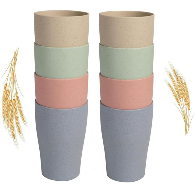 WANBY Wheat Straw Cup 8 Pcs Unbreakable and Reusable Drinking Cups Eco-Friendly Healthy Tumbler Set for Milk Juice and Water Dishwasher Safe (8 Pcs 15 Oz)