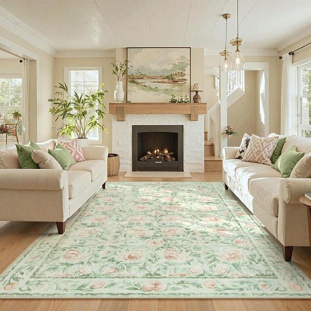 Collive 8x10 Washable Area Rugs for Living Room, Green Floral Large Rug, Soft Low Pile Stain Resistant Carpet, Farmhouse Rug for Bedroom ‎Dining Room Office Nursery