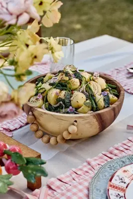 Solid Acacia Wood Serve Bowl with Beaded Handle