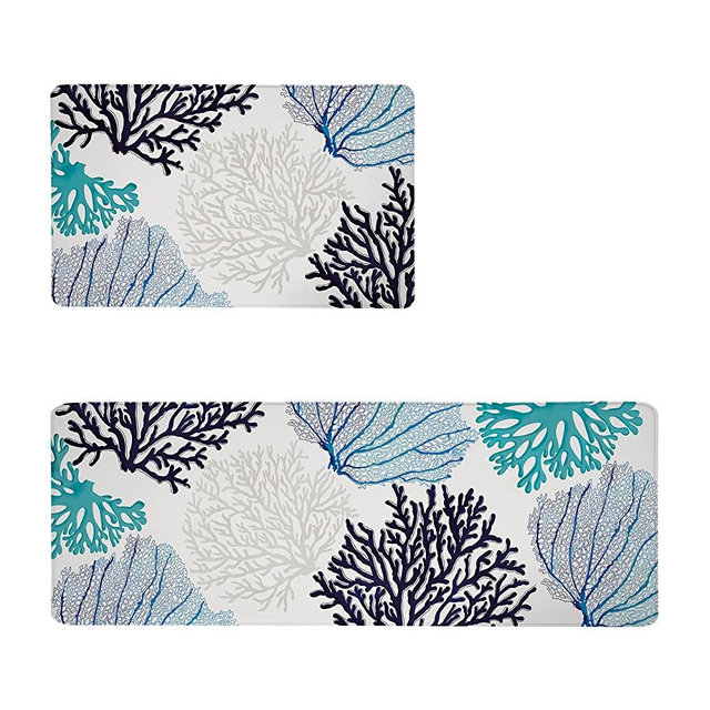 Coastal Beach Kitchen Floor Mat Rugs Set 2 Pcs Anti Fatigue Mats Ocean Themed Coral Non-Slip Comfort Standing Cushioned for Kitchen, Home, Laundry (17.3" x28" + 17.3" x 47" 2/5 Inch Thick, Blue/Teal)