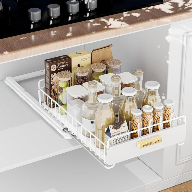 HOMEBOSILY Under Sink Organizer, Pull Out Kitchen Cabinet Organizer, Mute Slide-Out Under Sink Organizers and Storage, Multi-Purpose Metal Kitchen Bathroom Organizers and Storage Shelves, White