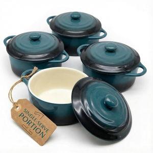 Kook Ceramic Mini Cocotte Set, Small Casserole Dishes with Lids and Handles, Individual Baking Ramekins, Oven safe 500F, Microwave & Dishwasher Safe, Stoneware, 12 oz, Set of 4, (Stone Ombre)