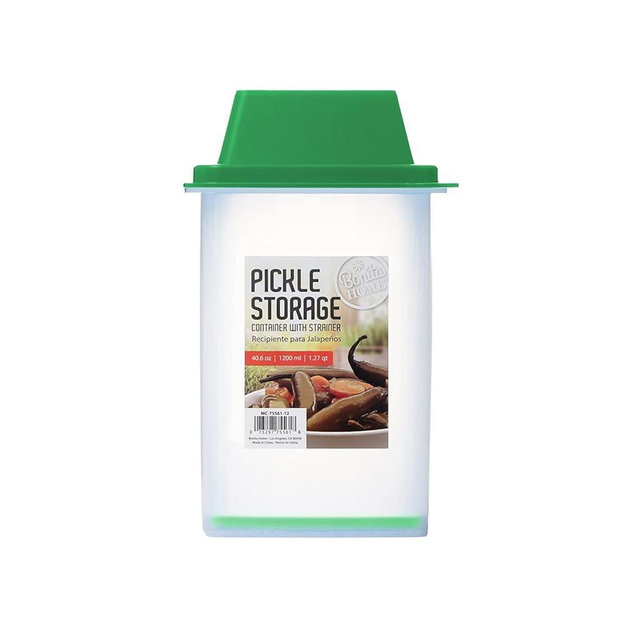 Bonita Home Pickle Storage Container with Strainer | Lift, Drain and Store Condiment Food Saver Jar with Snap Lid | 40.6 oz, 7.5" H x 4.25" W x 4.25" L (Jade Green)