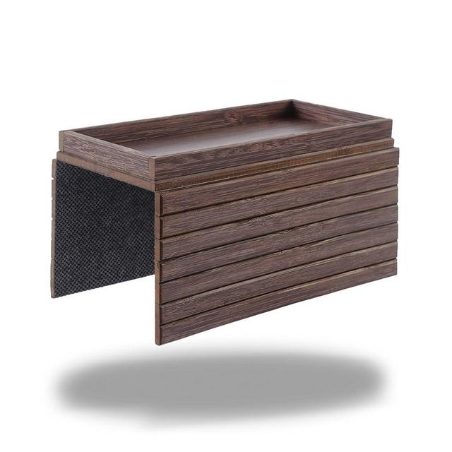 DETOR Couch Arm Tray, TV Tray with Capacious 12.4" x 5.4" Storage Box, Bamboo Grain Stained Brown Color, Enhanced Nonslip Felt Bottom, Water Repellent Surface, Sturdy Bamboo Slats Material
